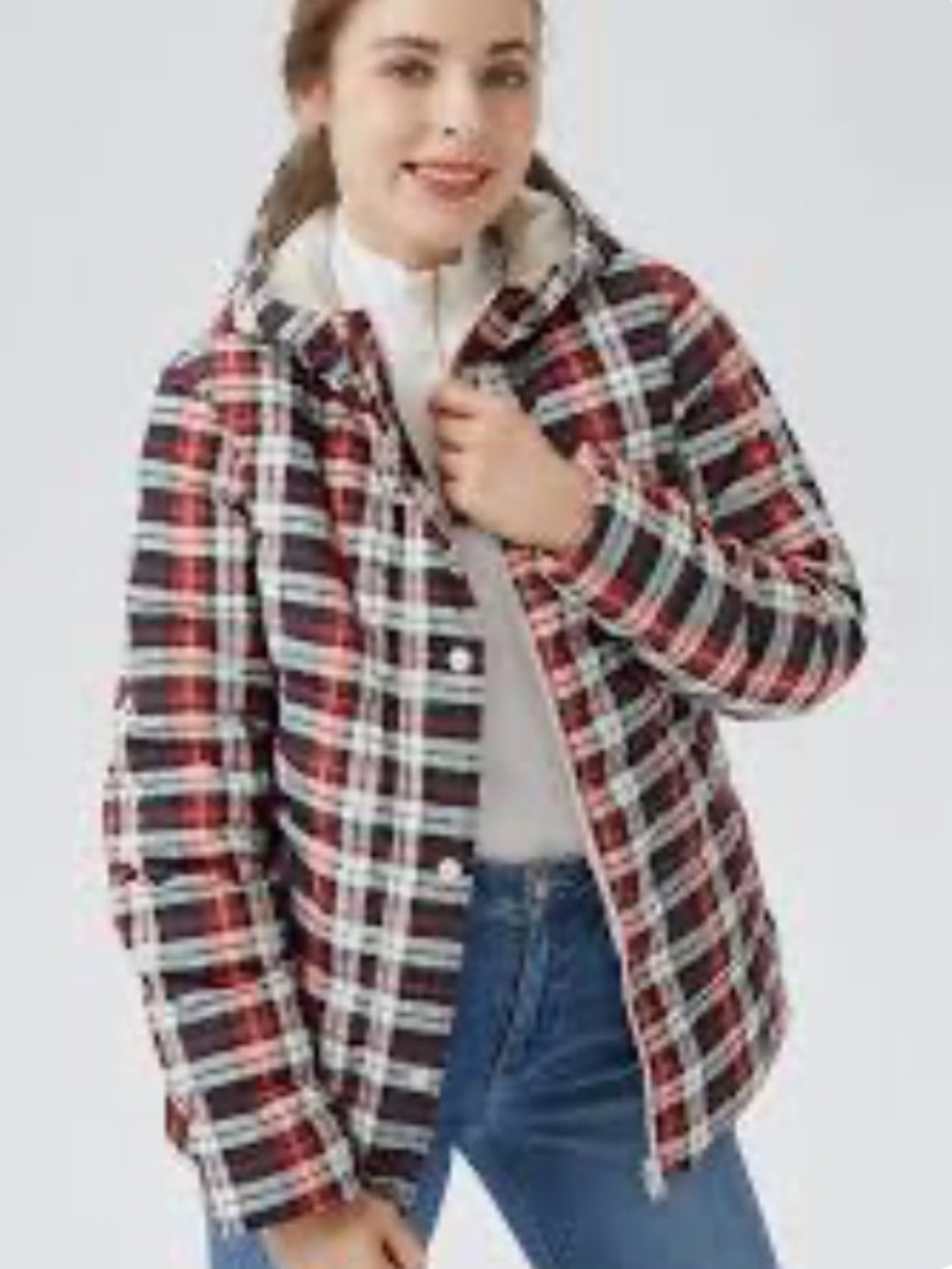 Orolay Down Filled Plaid / Cream Reversible hooded Jacket Size Medium